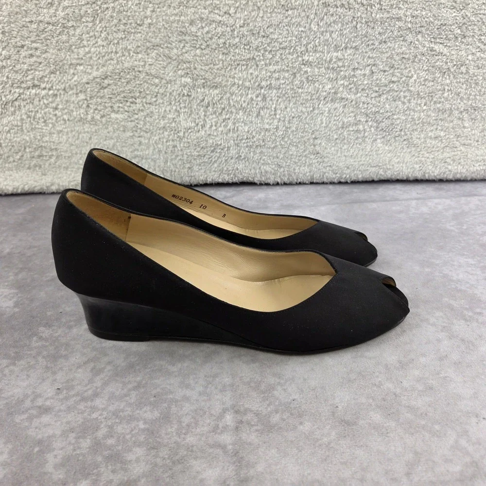 Bruno Magli Womens Black Satin Peep Toe Wedge Heels WO2304 Italian Leather 10 B